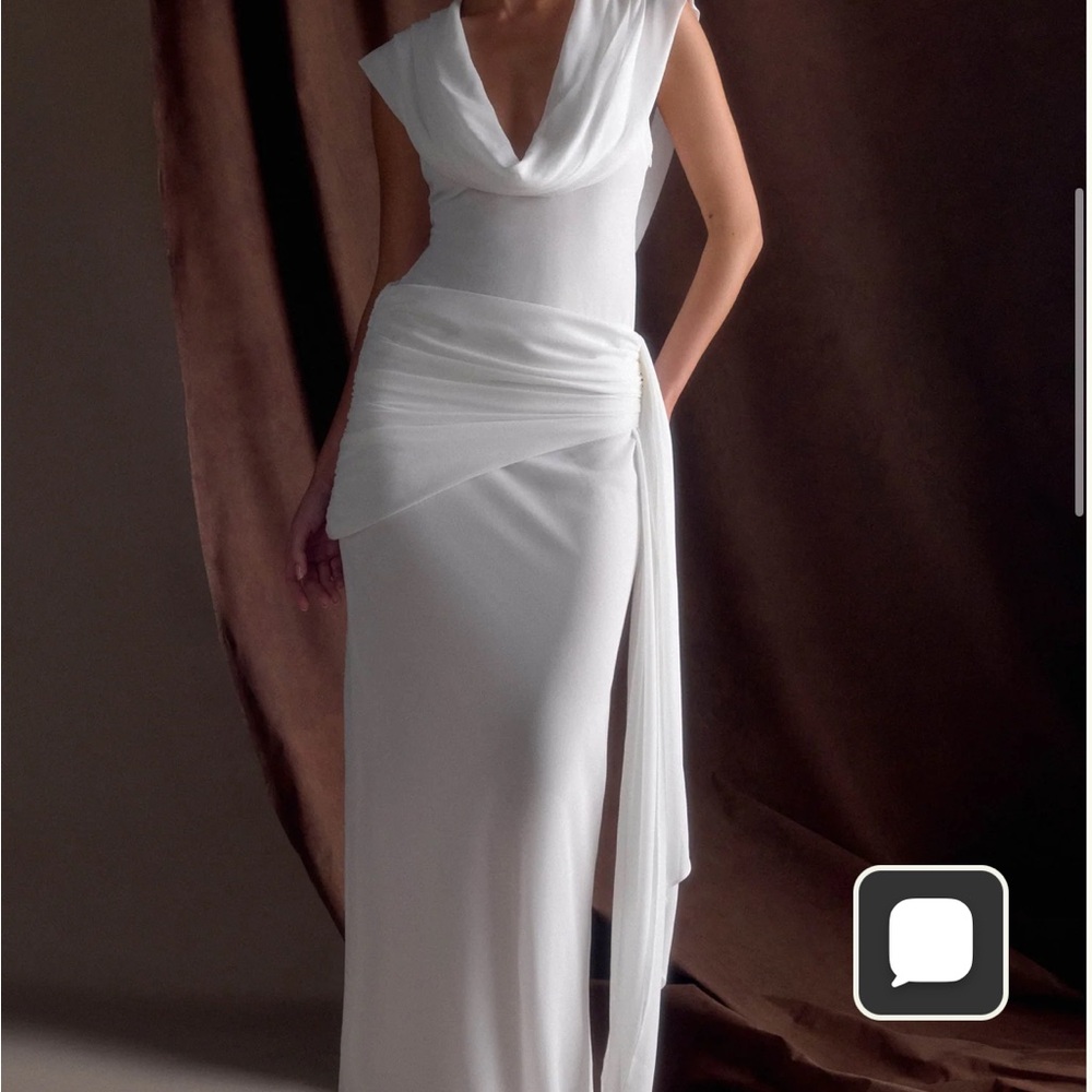 Meshki One-Shoulder White Draped Evening Gown
